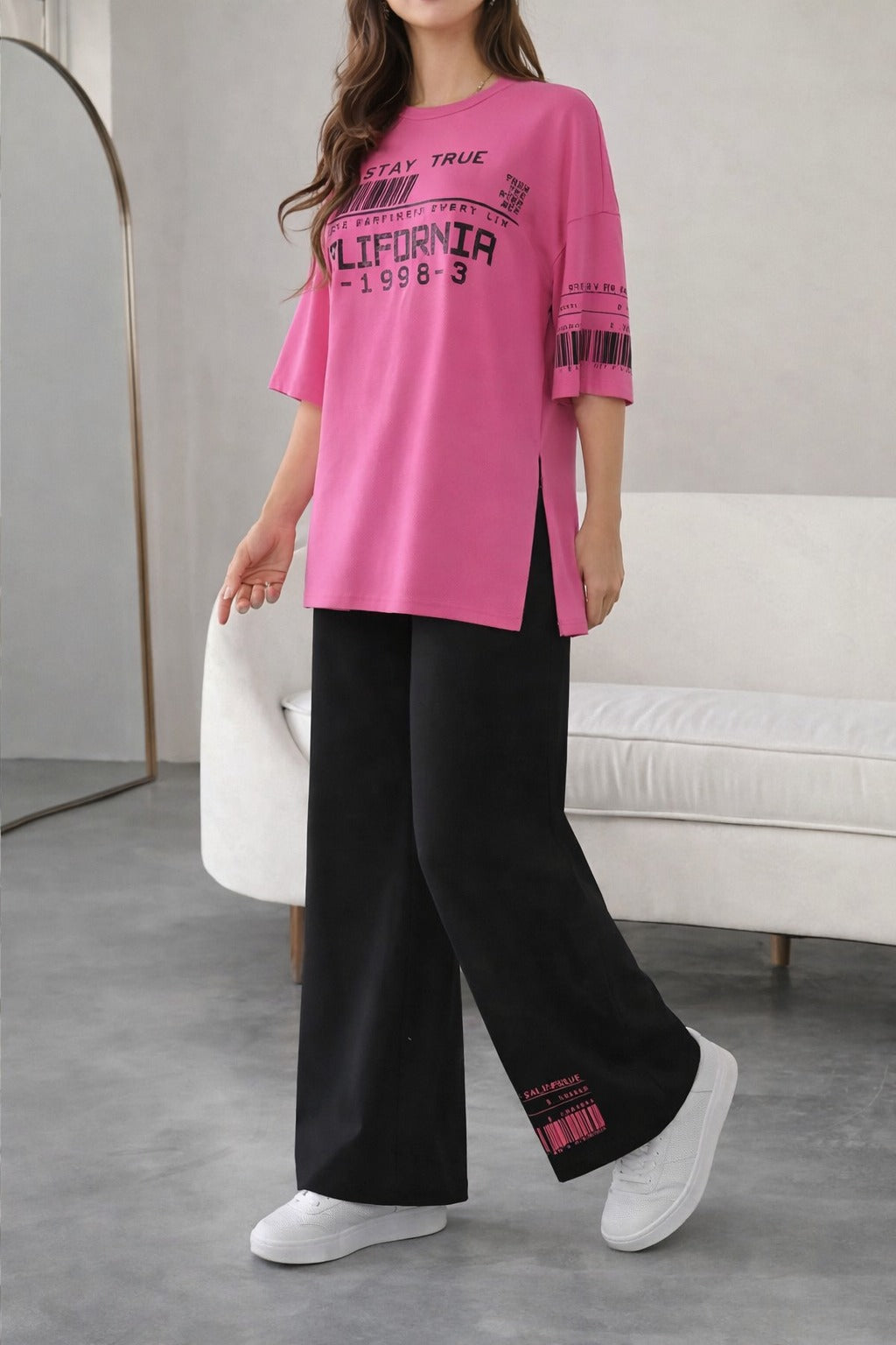 Shocking pink California Printed long Shirt with Pajama Half Sleeves Night Suit