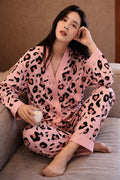 Baby Pink with cheetah printed Front button Style night suit For her (RX-443)