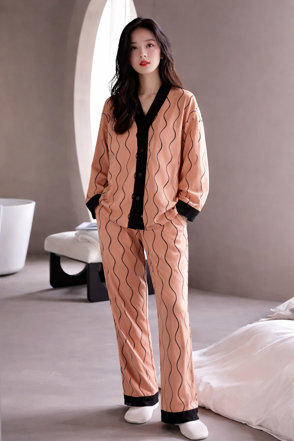 Orange with black linings printed Front button Style night suit For her (RX-441)