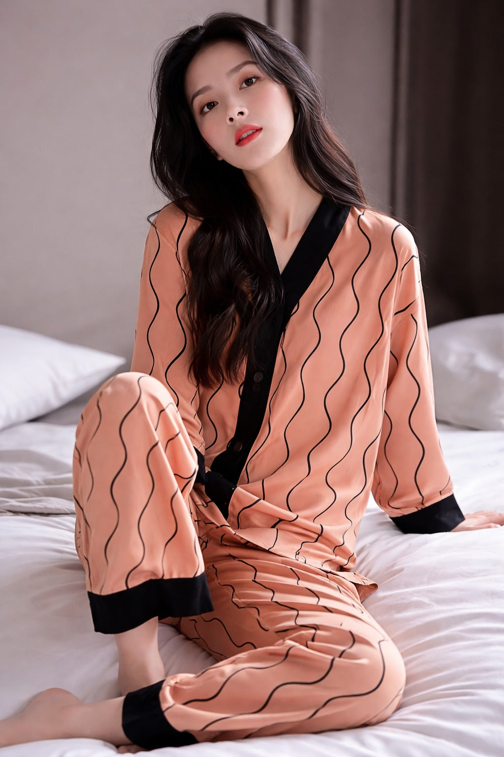 Orange with black linings printed Front button Style night suit For her (RX-441)