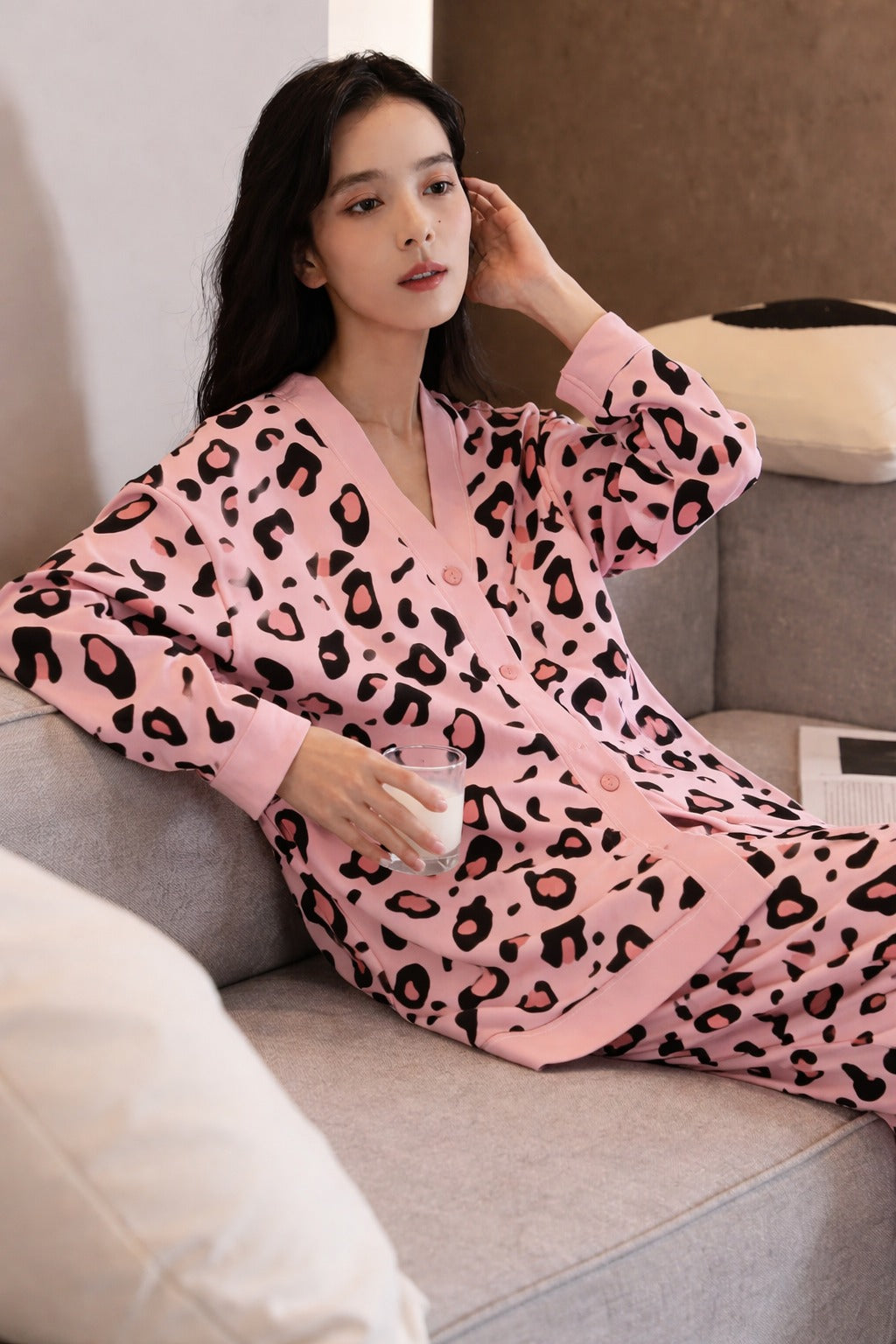 Baby Pink with cheetah printed Front button Style night suit For her (RX-443)