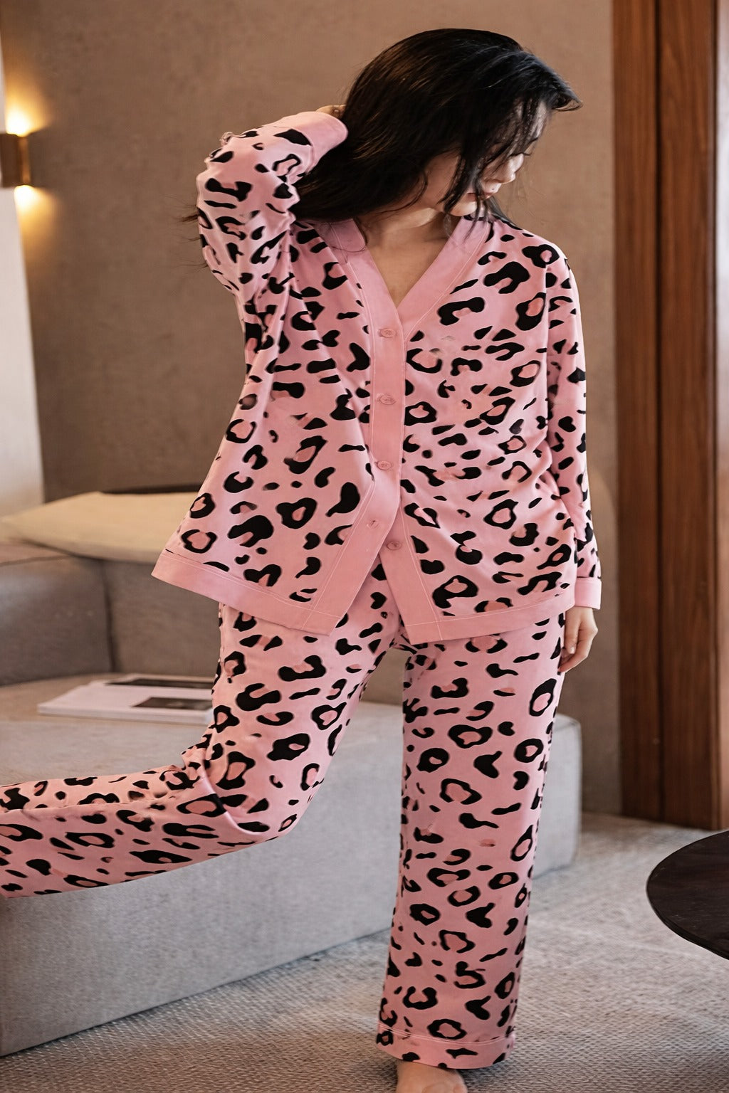Baby Pink with cheetah printed Front button Style night suit For her (RX-443)
