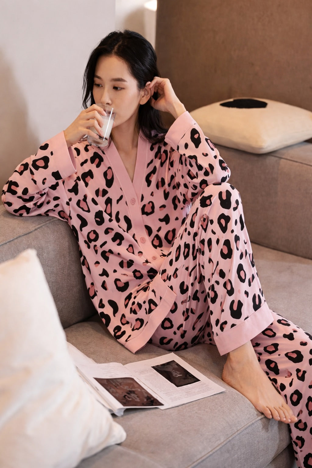 Baby Pink with cheetah printed Front button Style night suit For her (RX-443)