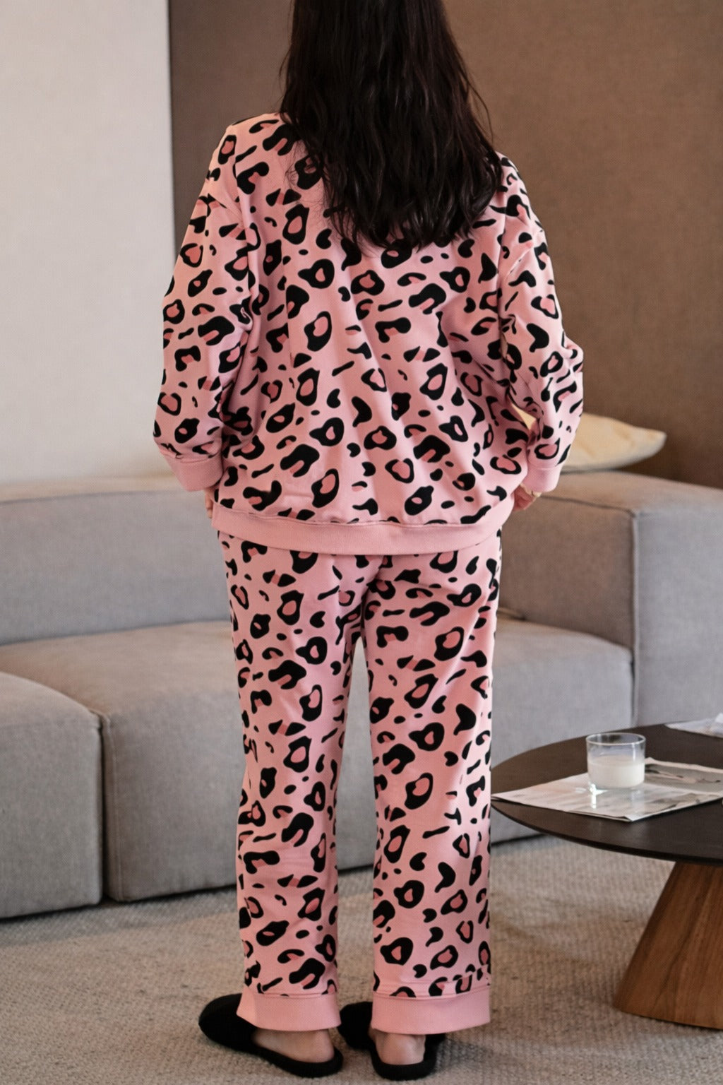 Baby Pink with cheetah printed Front button Style night suit For her (RX-443)