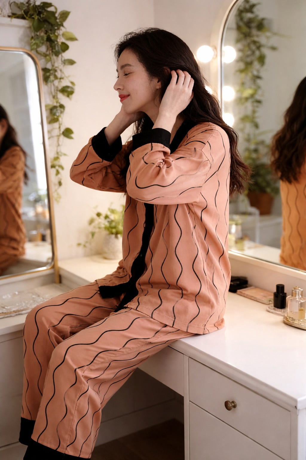 Orange with black linings printed Front button Style night suit For her (RX-441)