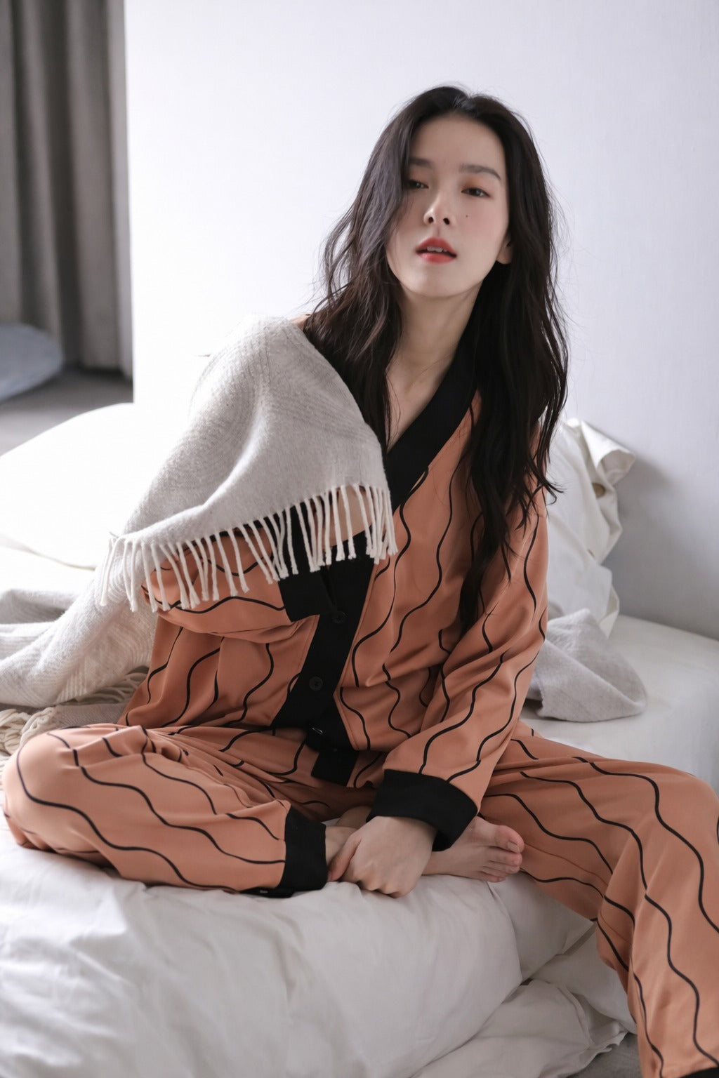 Orange with black linings printed Front button Style night suit For her (RX-441)
