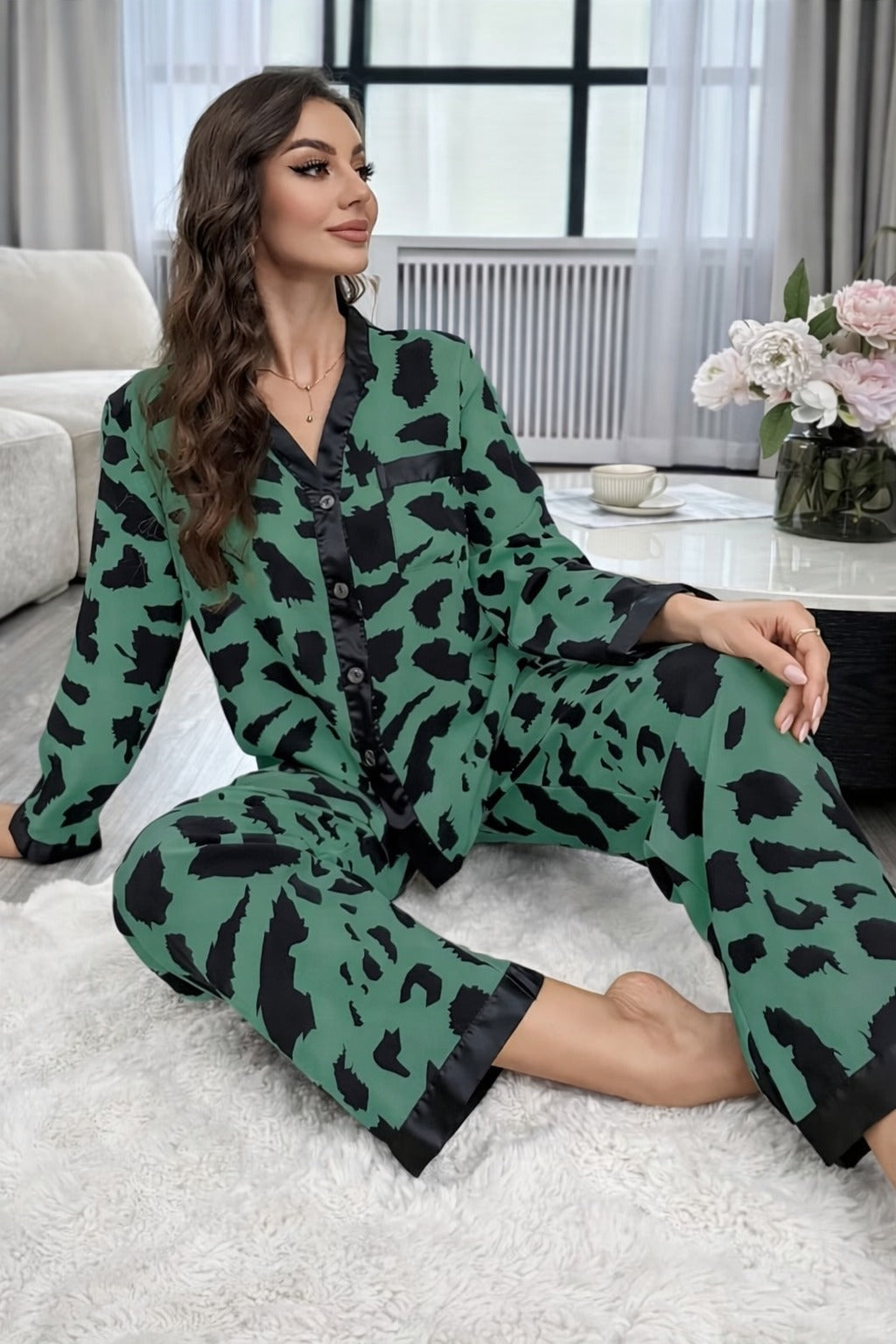 Dark Green with cheetah printed Front button Style night suit For her (RX-442)