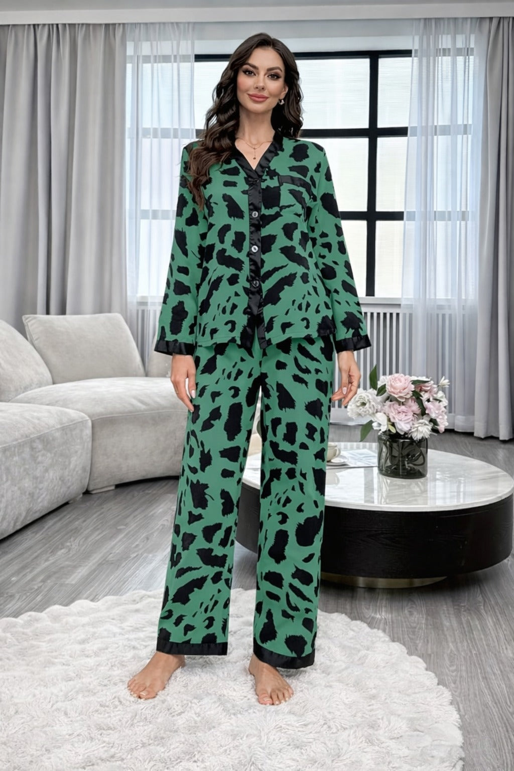 Dark Green with cheetah printed Front button Style night suit For her (RX-442)