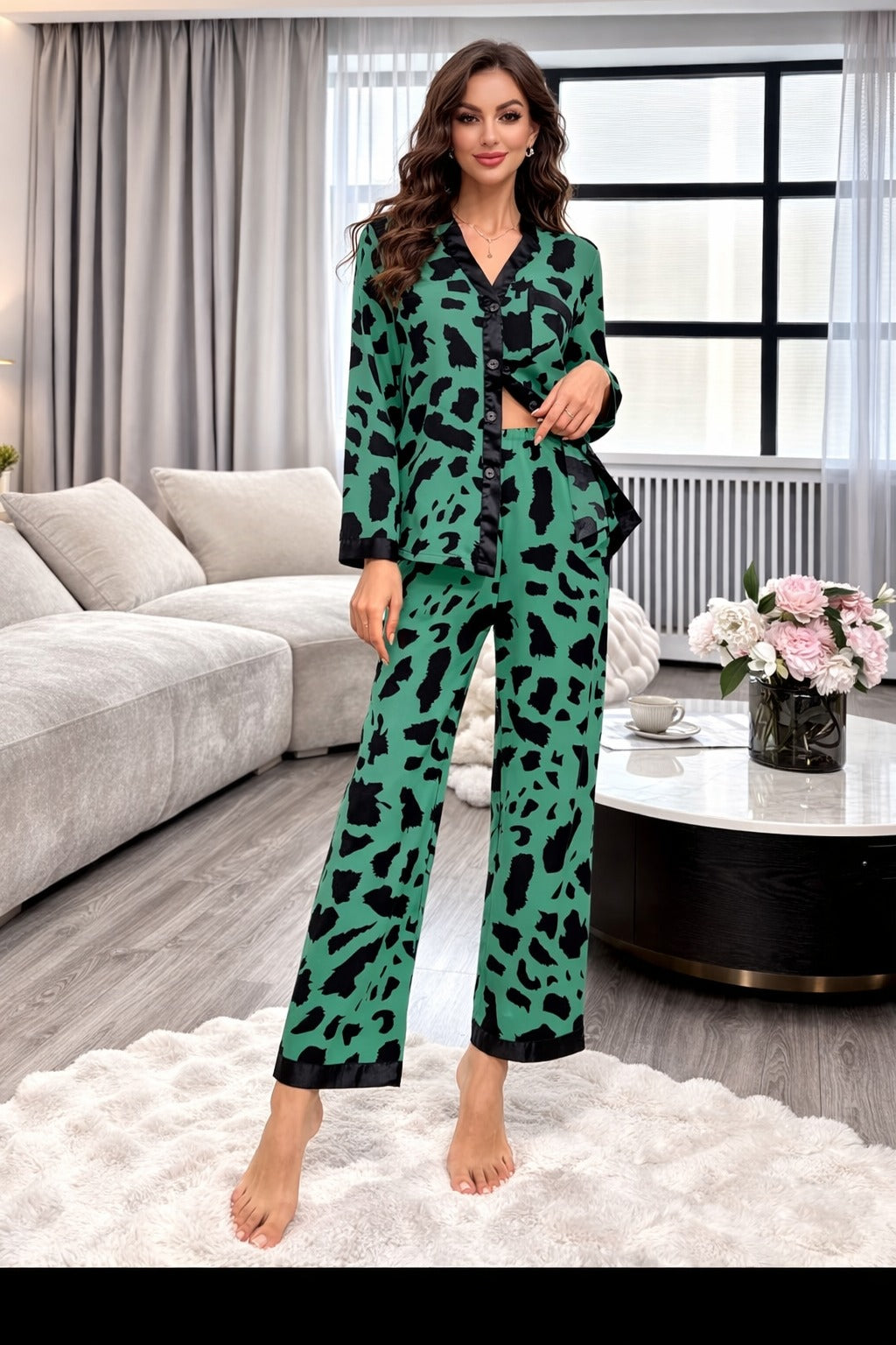 Dark Green with cheetah printed Front button Style night suit For her (RX-442)