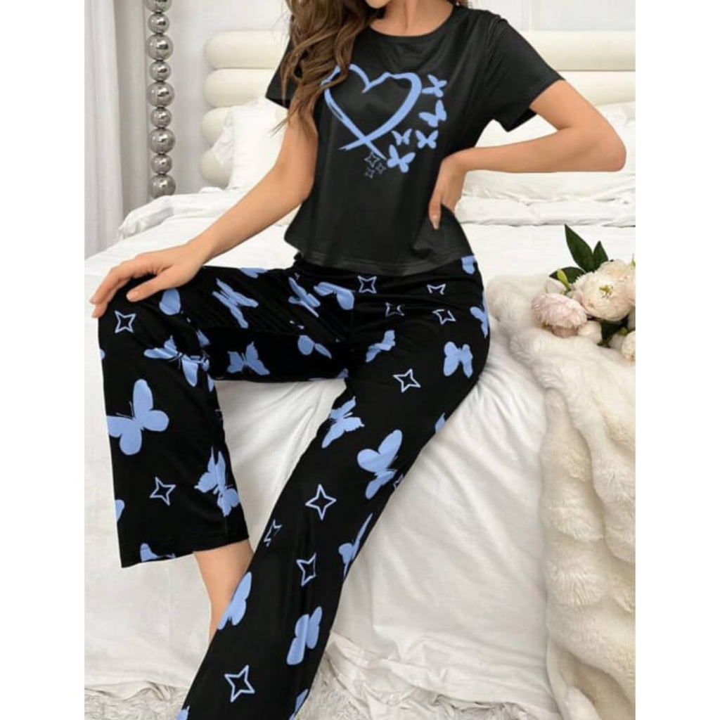 Black With Blue Butterflies Heart Printed T-shirt And Butterflies Printed Trouser Suit (RX-182)