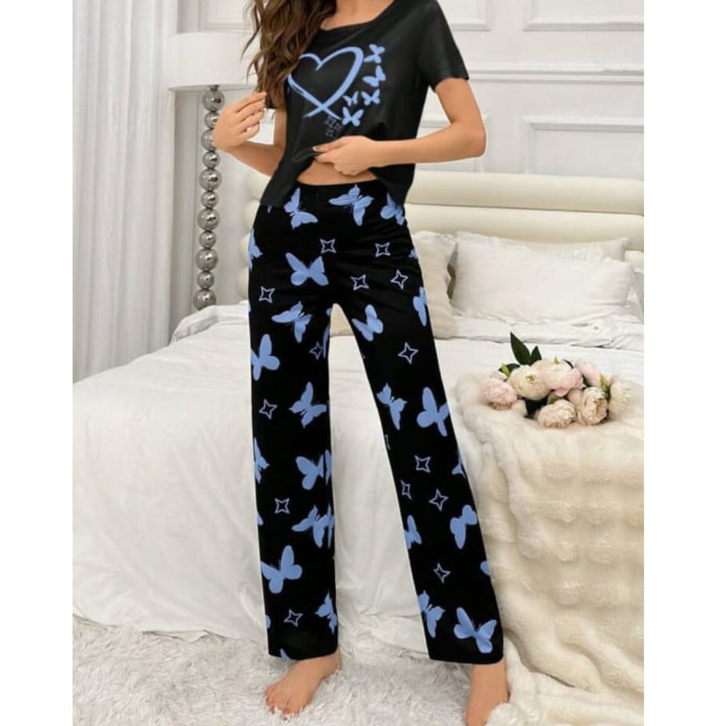 Black With Blue Butterflies Heart Printed T-shirt And Butterflies Printed Trouser Suit (RX-182)