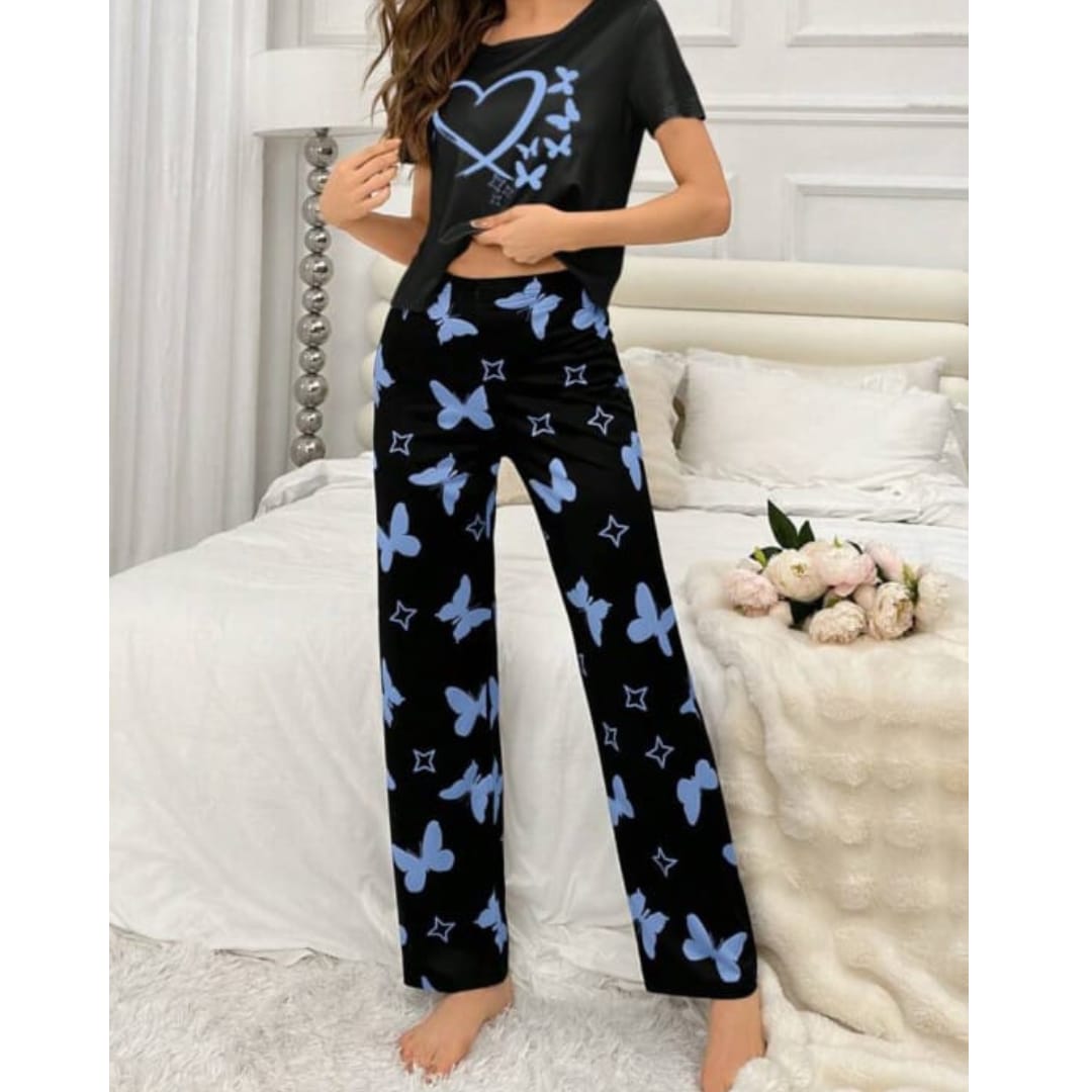 Black With Blue Butterflies Heart Printed T-shirt And Butterflies Printed Trouser Suit (RX-182)