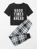 Black Good Things Ahead Printed Half Sleeves T-shirt With Check Printed Trouser Suit (RX-178)
