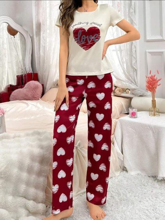 Off white Heart with Maroon Hearts pajama Printed Night wear (RX-258)