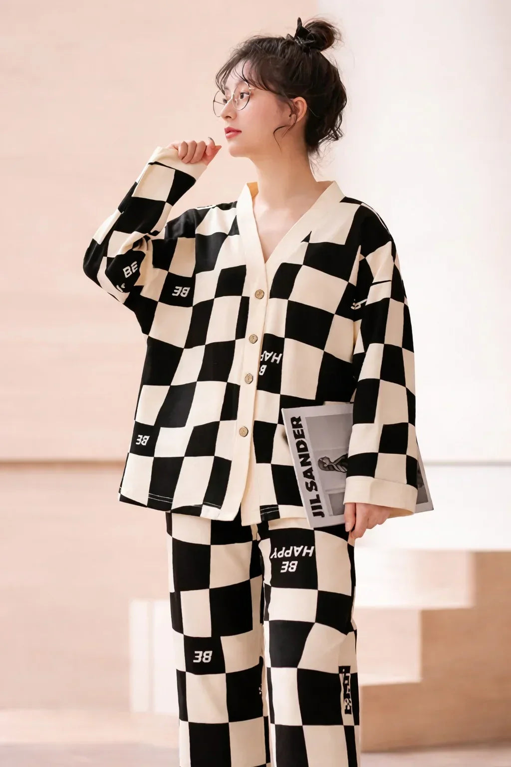 Off White with Black Check V-Neck Button Printed Pj Set For Her (RX-449)