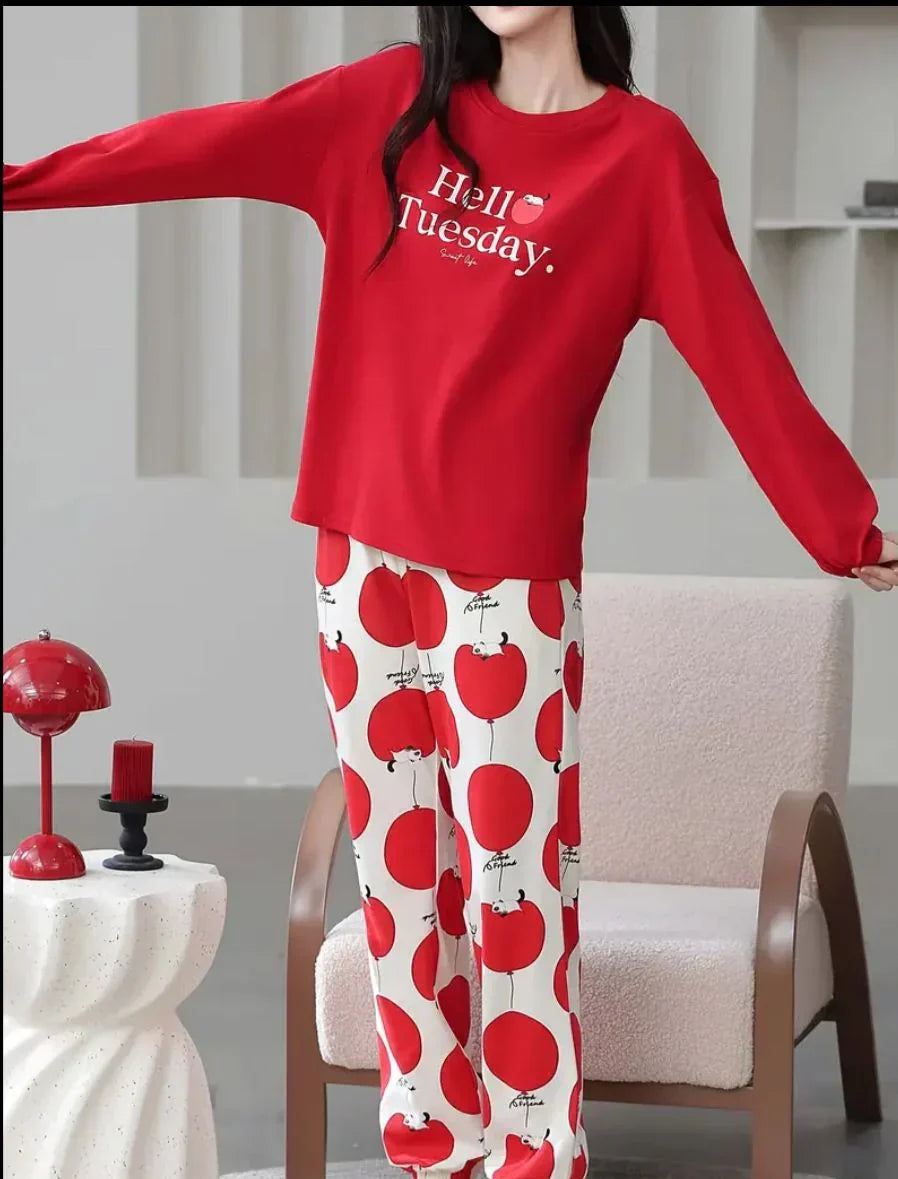 Red Hello Tuesday Printed Full Sleeves Pj The Ultimate Dream Wear Sleep Suit (RX-333)