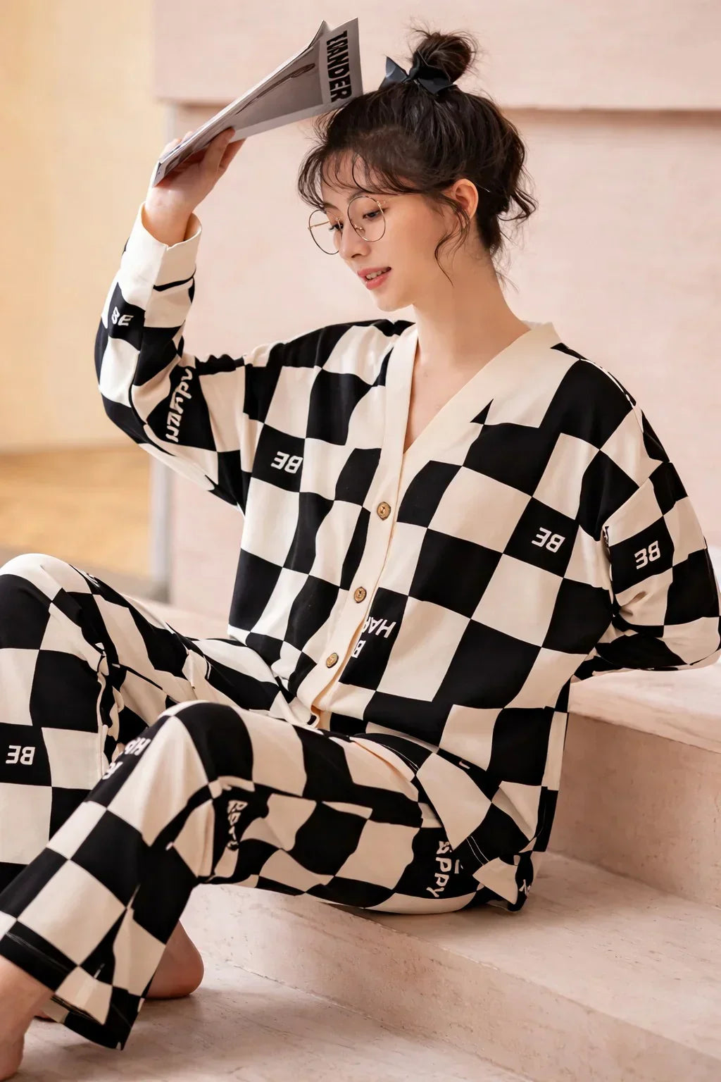 Off White with Black Check V-Neck Button Printed Pj Set For Her (RX-449)