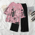 Pink Multi Printed Half Sleeves T-shirt With Plain Black Trouser Suit (RX-180)