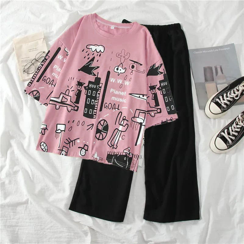 Pink Multi Printed Half Sleeves T-shirt With Plain Black Trouser Suit (RX-180)