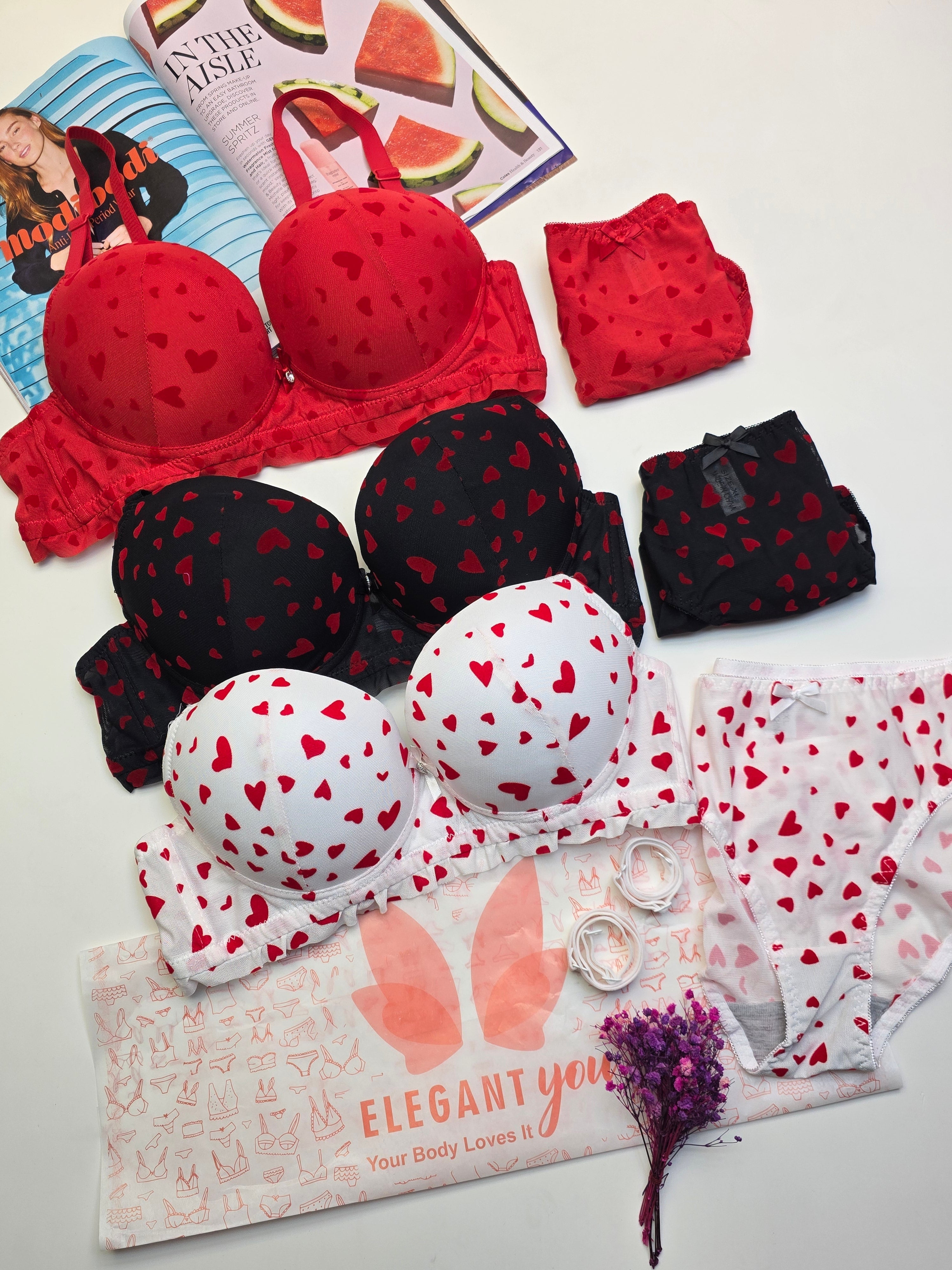 Lacy Heart Deisgn Bra Panty Set ( 3 PCS )