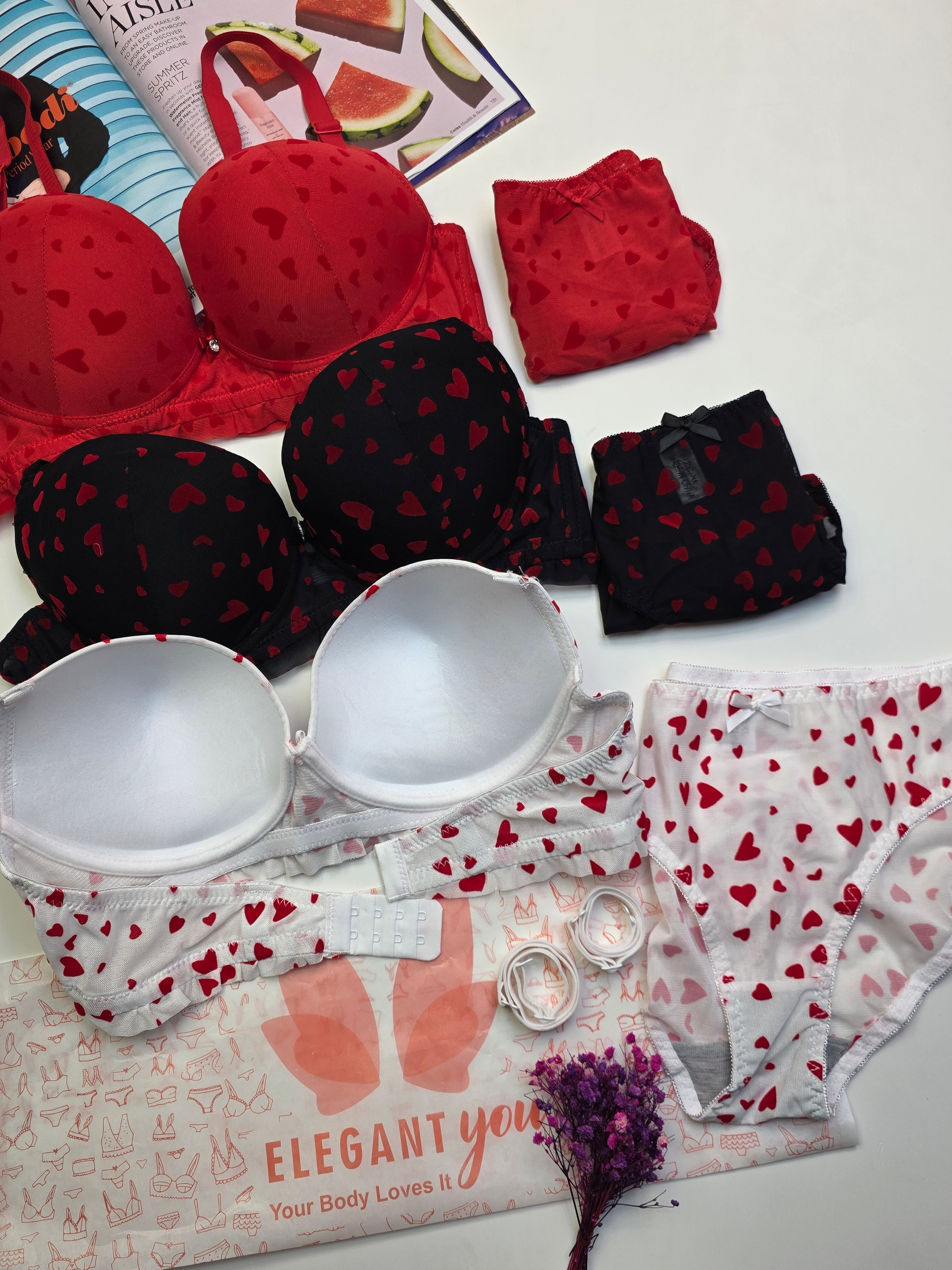 Lacy Heart Deisgn Bra Panty Set ( 3 PCS )