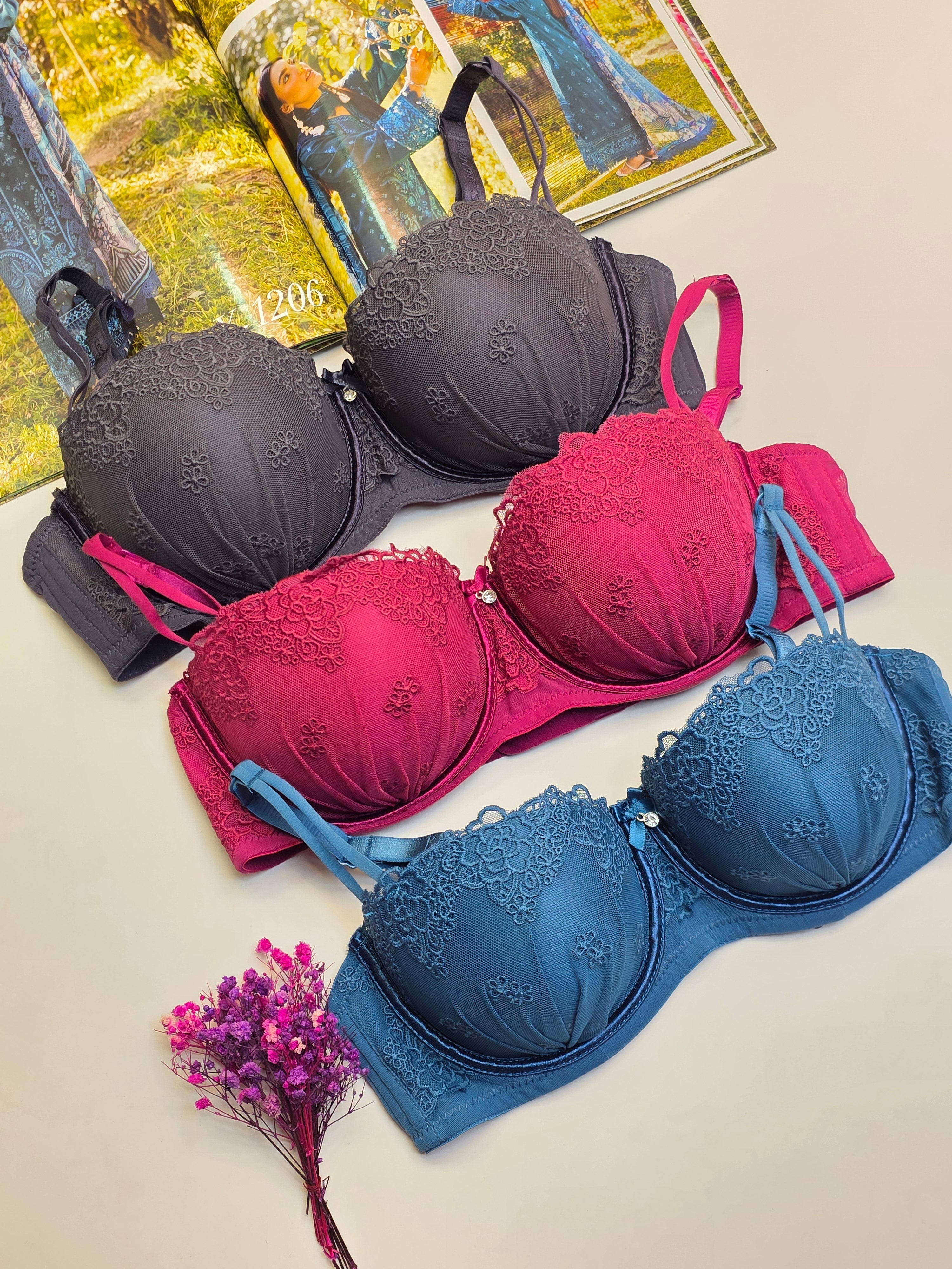 Pack of 3 Double Strip Half Cup Push-up Underwire Bra