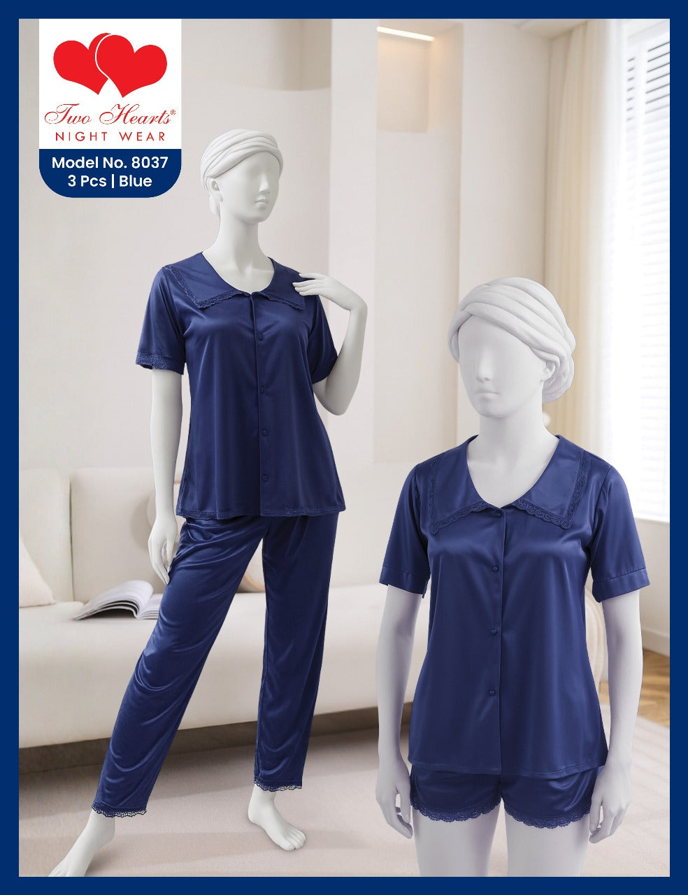 3 Piece Silk Sleepwear with Boxer and Trouser(8037)