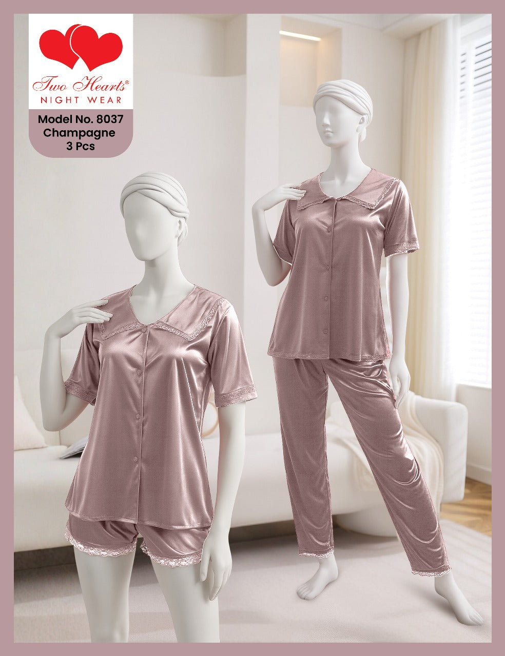 3 Piece Silk Sleepwear with Boxer and Trouser(8037)