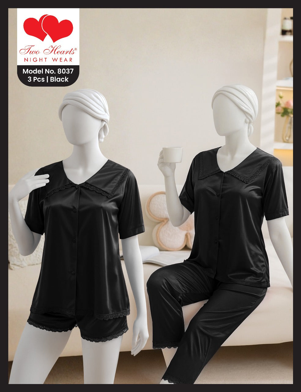 3 Piece Silk Sleepwear with Boxer and Trouser(8037)